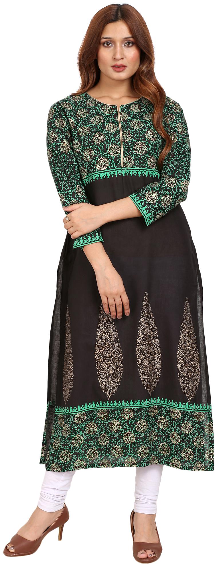 

TAMANNAH Women Black Green Printed Straight Kurti