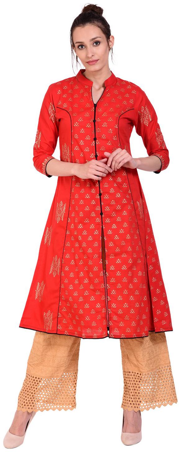 

Tamannah Women Cotton Printed A Line Kurta Red