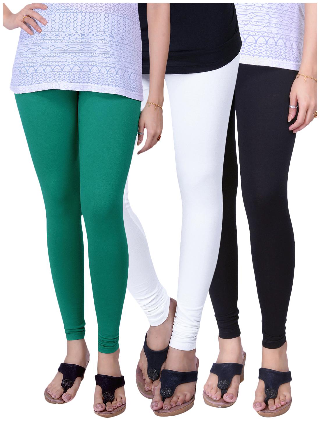 

TCG Bio wash 100 pure Cotton with Spandex Green Mirchi Black White Churidar leggings 3pcs Combo