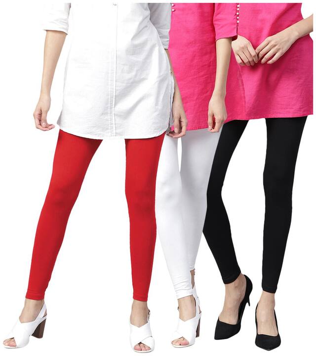 TCG Bio wash 100% pure Cotton with Spandex Tomato Red;Black & White Ankle leggings 3pcs Combo