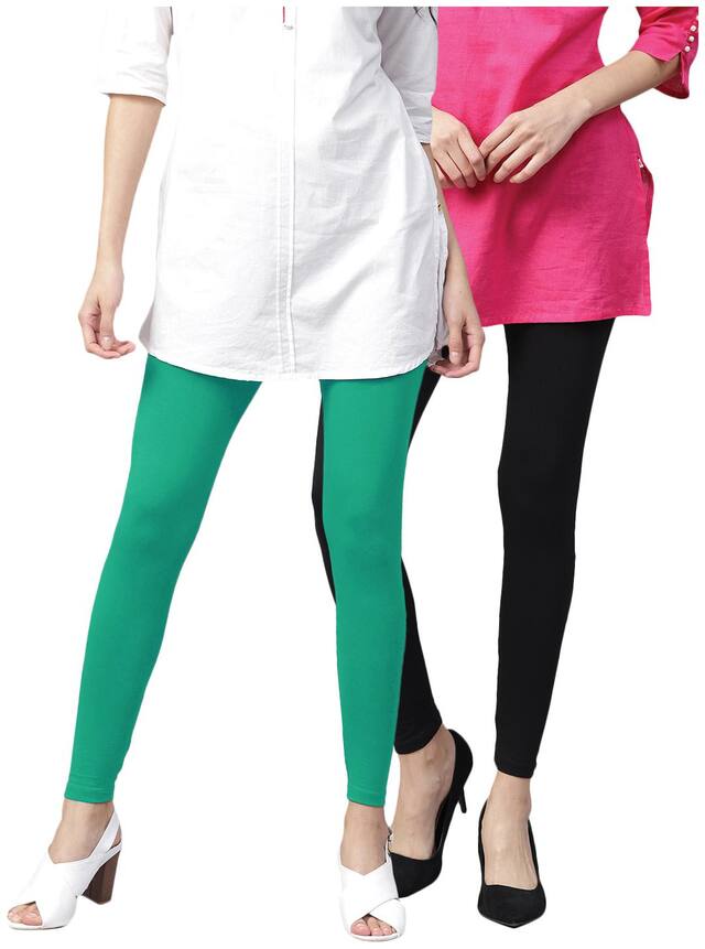 TCG Bio wash 100% pure Cotton with Spandex Green Mirchi & Black Ankle leggings 2pcs Combo