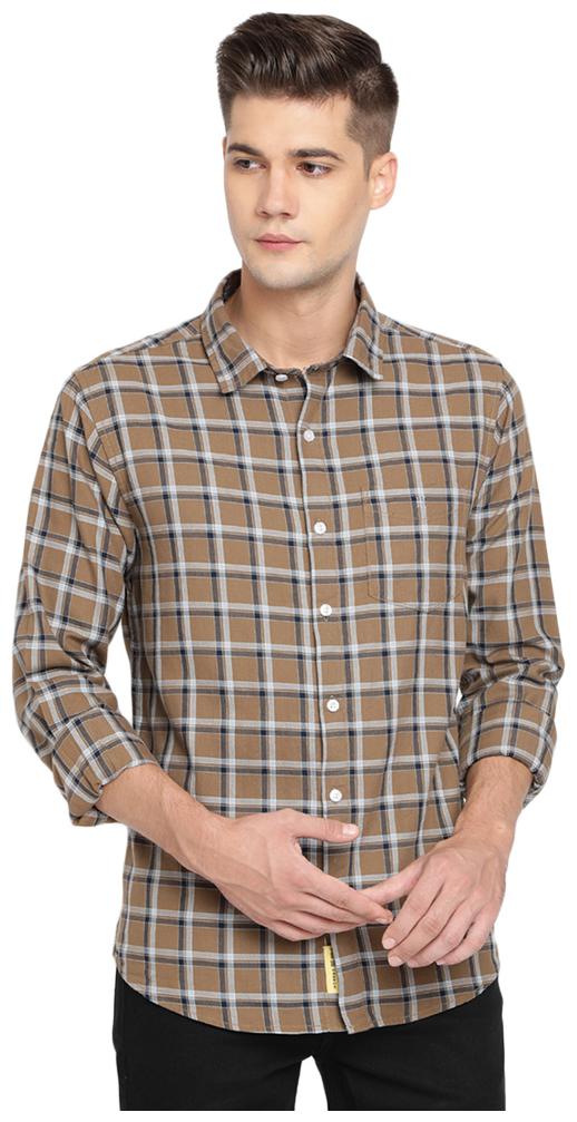 

TED HARBOR Men Khaki Checked Slim Fit Casual Shirt