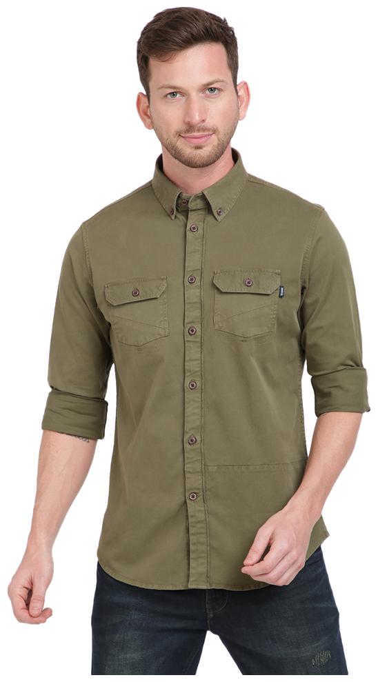 

Ted Harbor Men Olive Cotton Blend Solid Casual Shirt