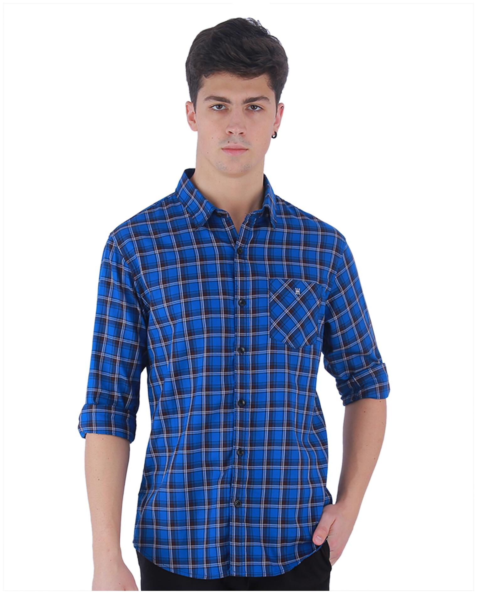 

TED HARBOR Men Blue Checked Slim Fit Casual Shirt