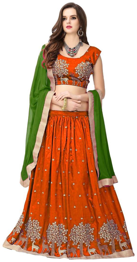

Tempting Orange Green Zoya Silk Embroidery Snazzy Lahengha Choli