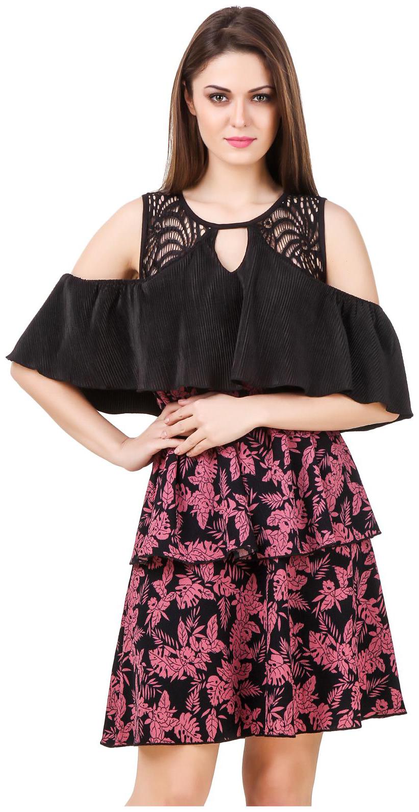 

Texco Cold Shoulder Black Lilac Printed Tiered Dress With Belt