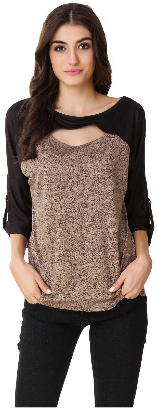 

Texco Cut Out Neck Stylish Beige Black Printed Top
