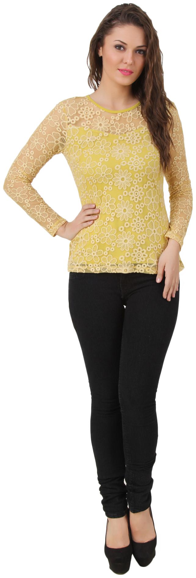 

Texco Full Sleeve Floral Pattern Sheer Lime Yellow Lace Top