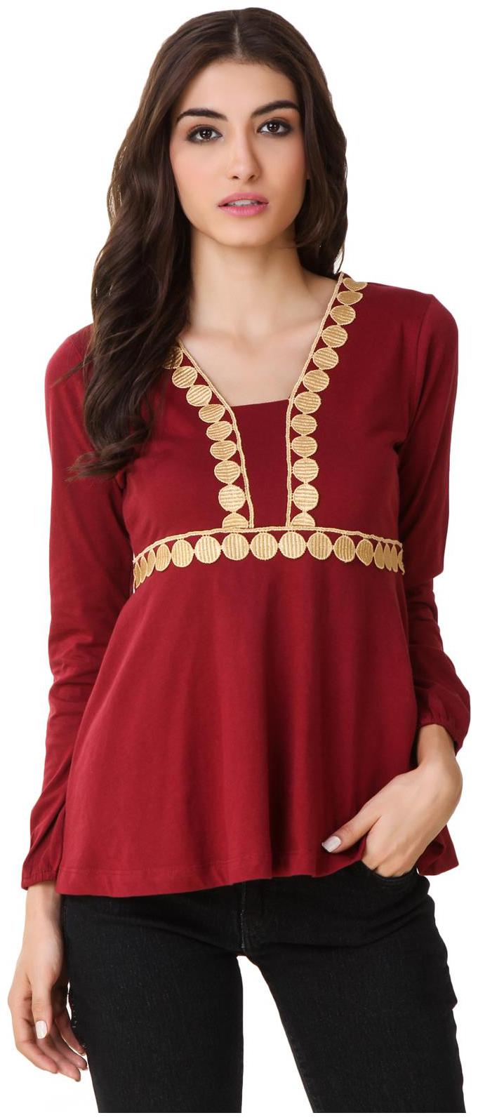 

Texco Full Sleeve Boho Style Lace Detailing Maroon Top