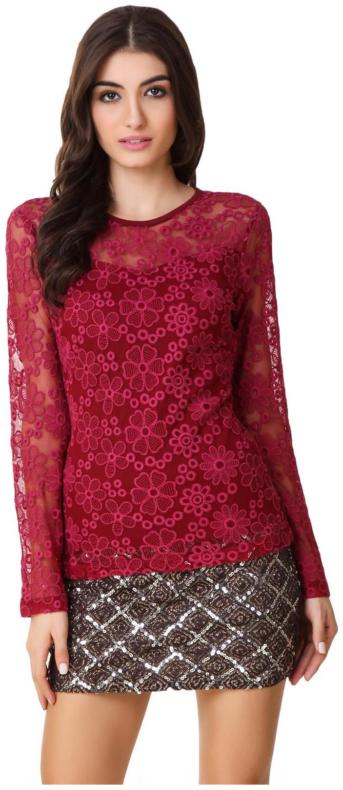 

Texco Full Sleeve Floral Pattern Sheer Wine Lace Top