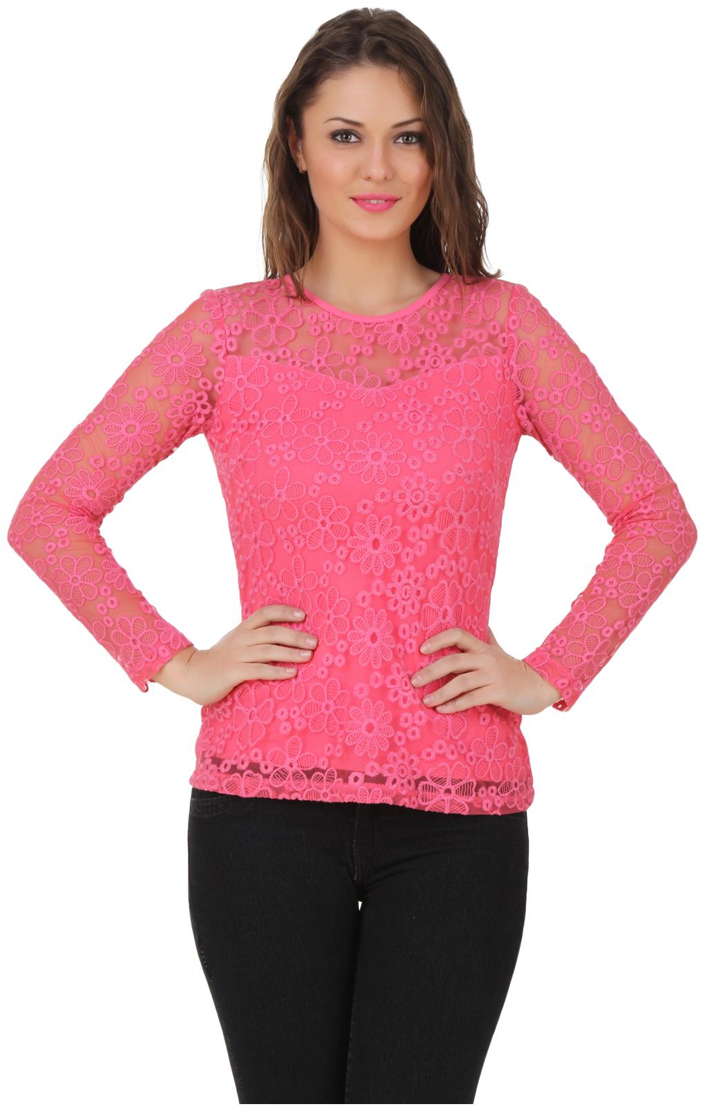 

Texco Full Sleeve Floral Pattern Sheer Pink Lace Top