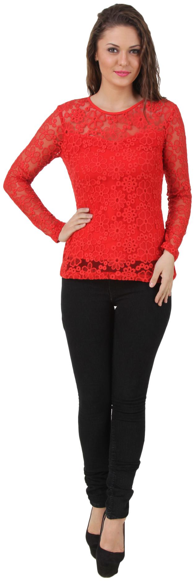 

Texco Full Sleeve Floral Pattern Sheer Red Lace Top
