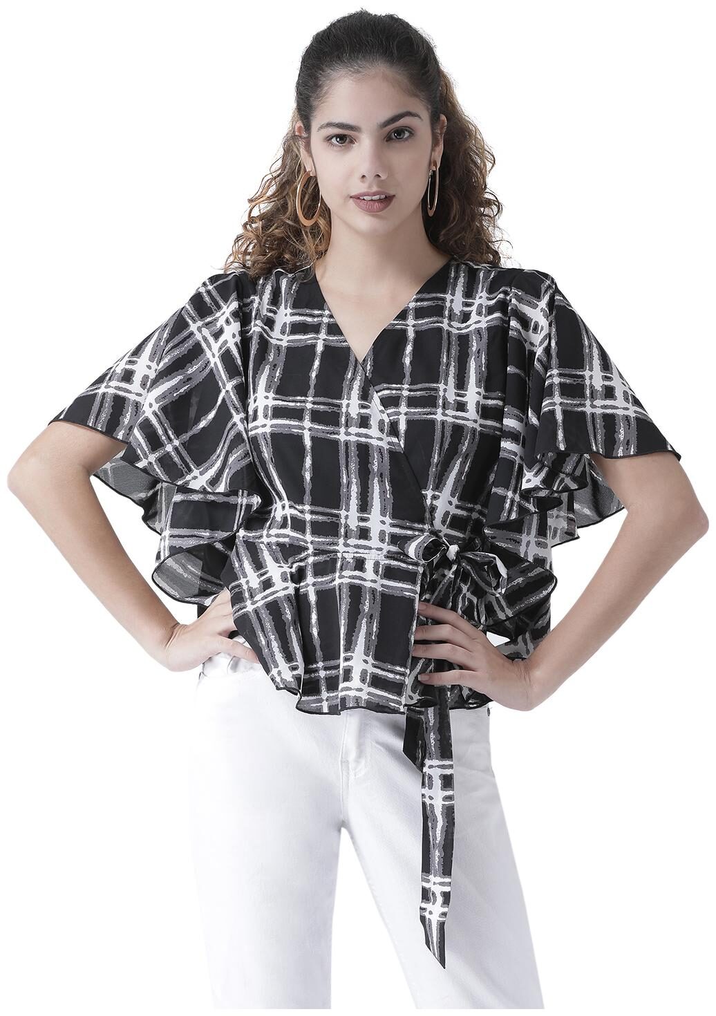 

Texco Women Checked Wrap top - Black White