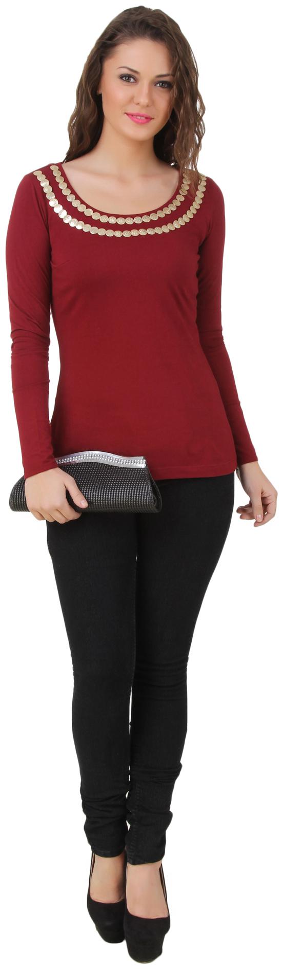 

Texco Maroon Golden Embelished Sequence Top