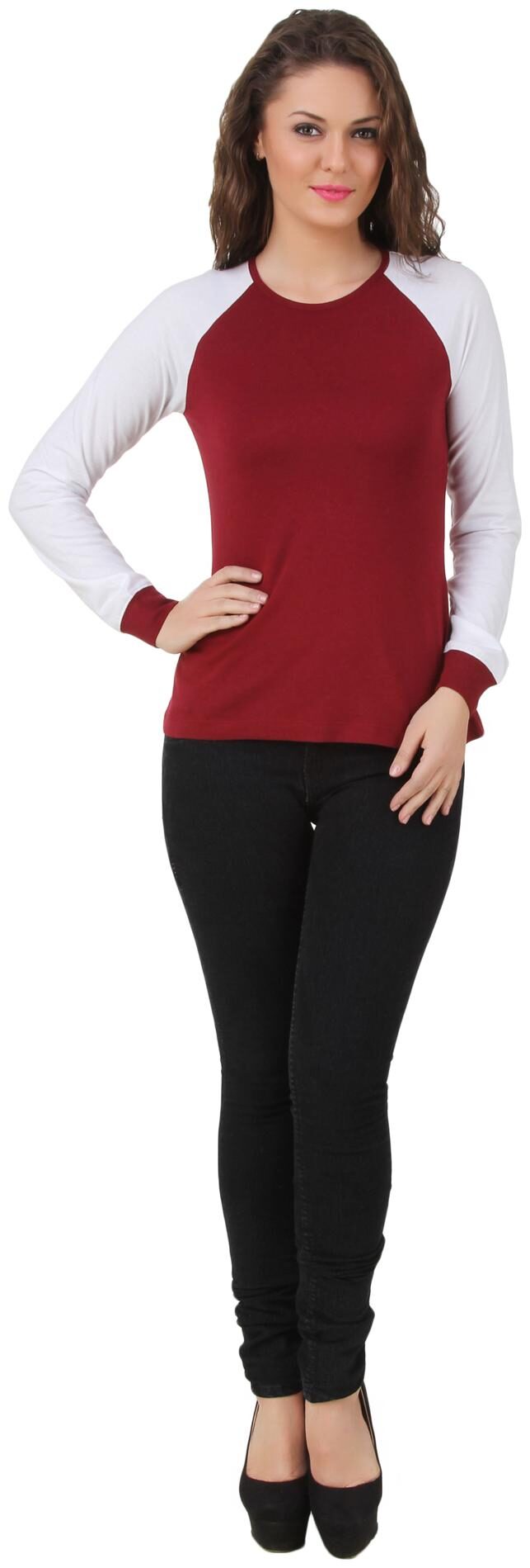 

Texco Maroon White Round Neck Raglan Sleeve Top