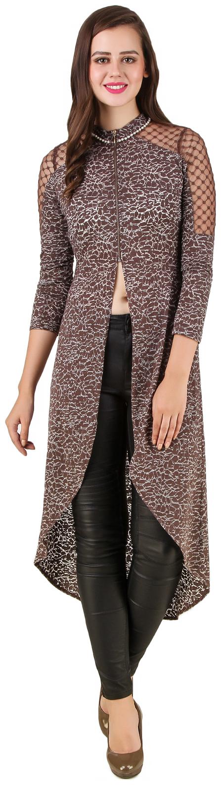 

Texco Mock Neck Pearls Embelished Detailing Front Slit Opening Brown Party Dress