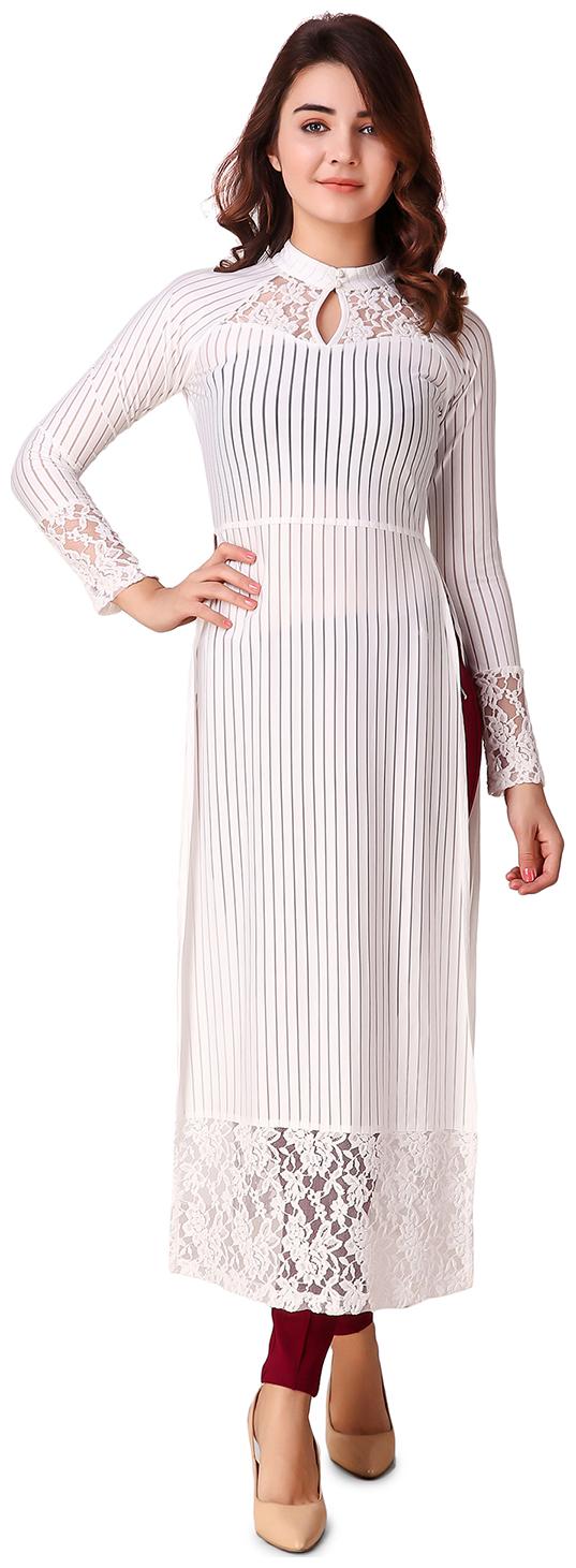 

Texco Off White Party Wear Lace Striped Maxi Top for Women