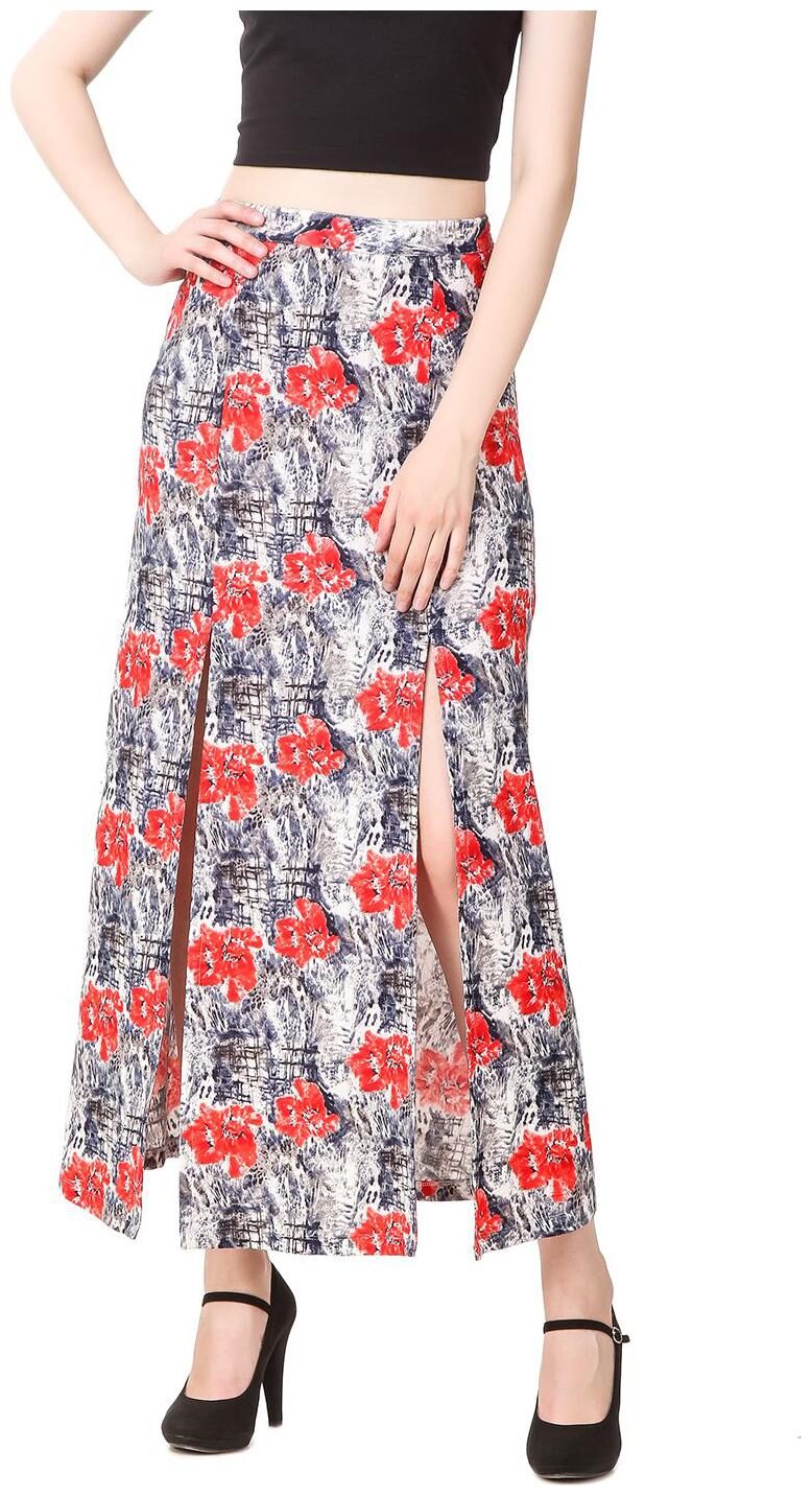 

Texco Red Floral Printed Front Slit Skirt