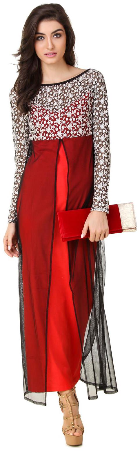 

Texco Red Party Dress With Matelic Lace Detailing