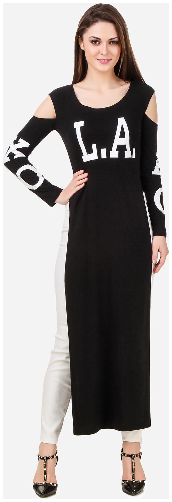 

Texco Slogan Printed Black High Side Slit Maxi Top