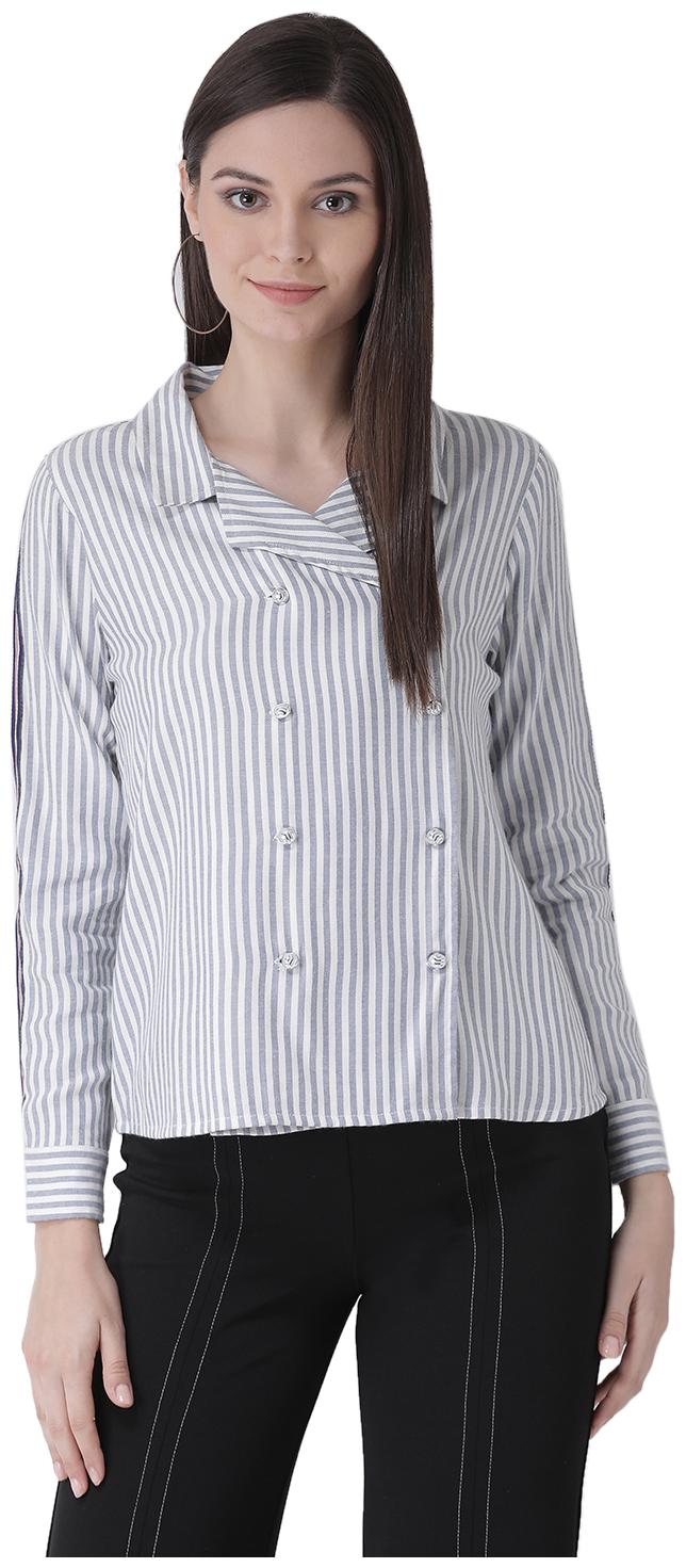

Texco Women Blue White Striped Regular Fit Shirt