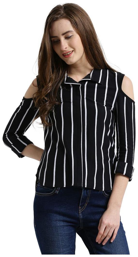 

Texco Women Black Striped Regular Fit Shirt
