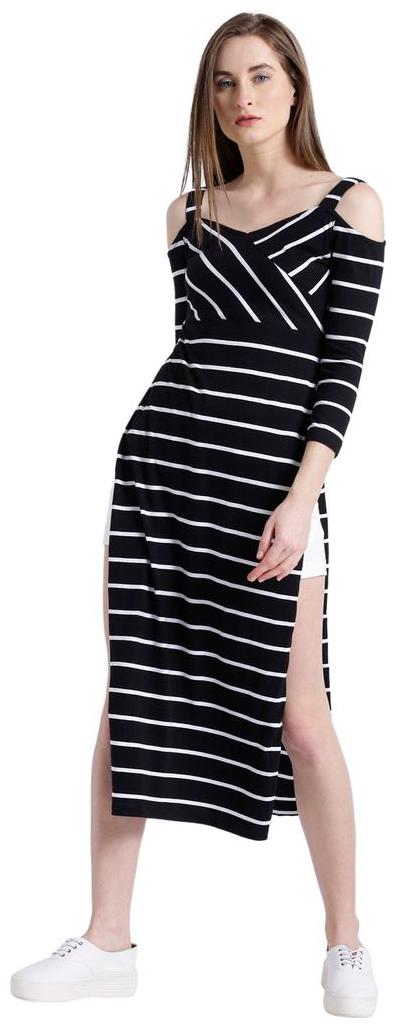 

Texco Women Black White Cotton jersey Sweetheart neck Cold shoulder sleeve Striped Top