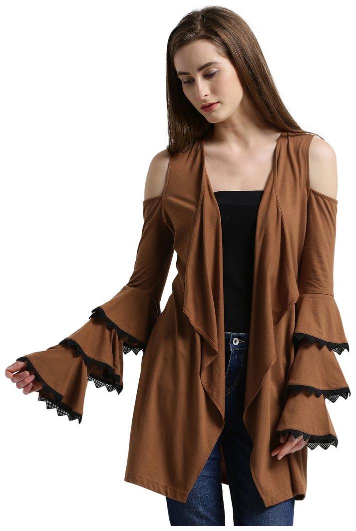 

Texco Women Brown Cold Shoulder Ruffle Sleeve Stylish Shrug