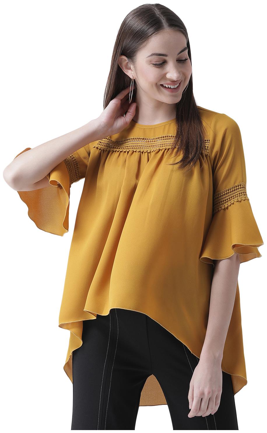 

Texco Women Mustard Flared Front Knot Belt High Low Top