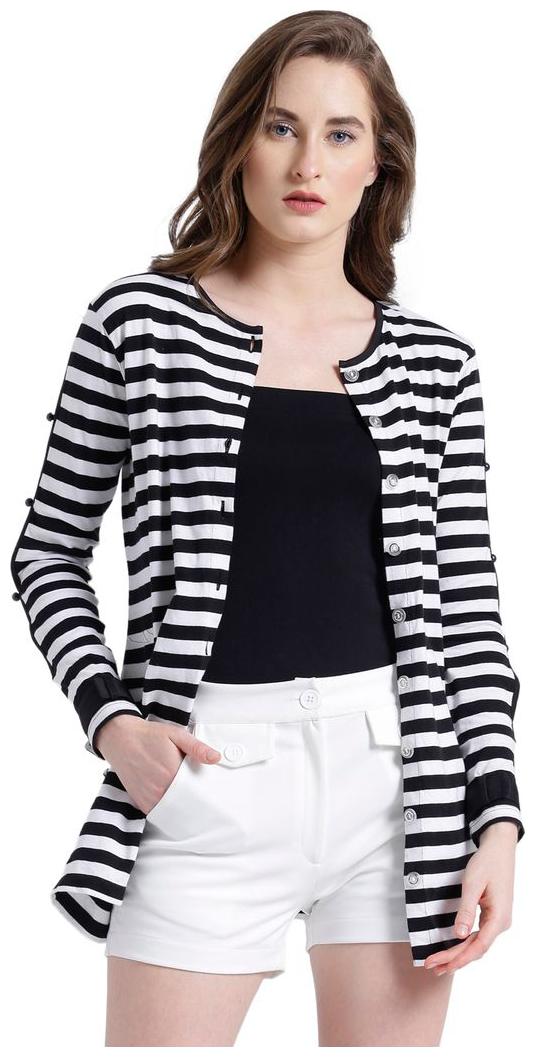 

Texco Women Black White Cotton jersey Round neck Fashion sleeve Striped Shrug