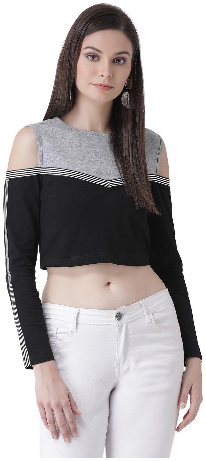 

Texco Women Grey and Black Color Block Crop Top