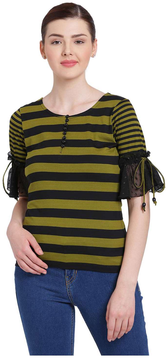 

Texco Women Olive And black Round Neck Stripe Top