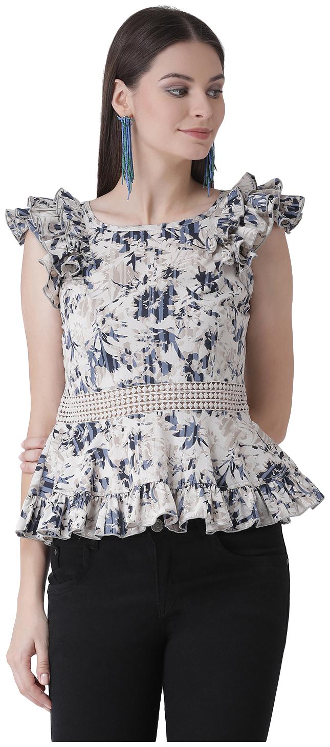 

Texco Women Grey and Navy Printed Ruffled and Lace detail Peplum Top