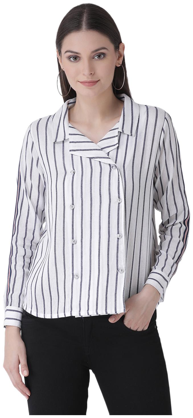 

Texco Women White and Navy Striped Pearl Detail Double Breasted Shirt