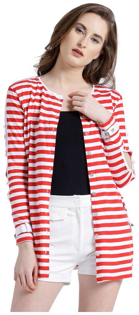 

Texco Women Red White Cotton jersey Round neck Fashion sleeve Striped Shrug