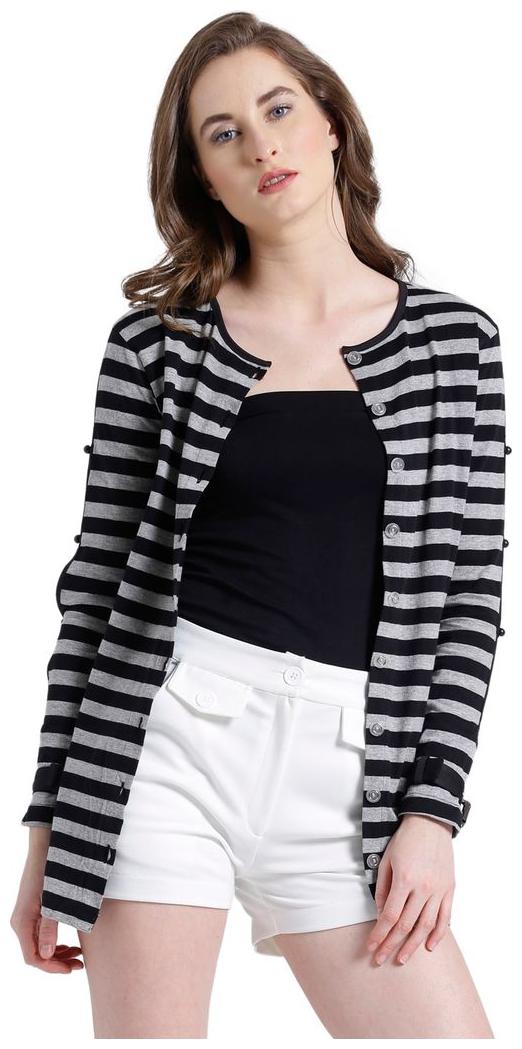 

Texco Women Grey Black Cotton jersey Round neck Fashion sleeve Striped Shrug