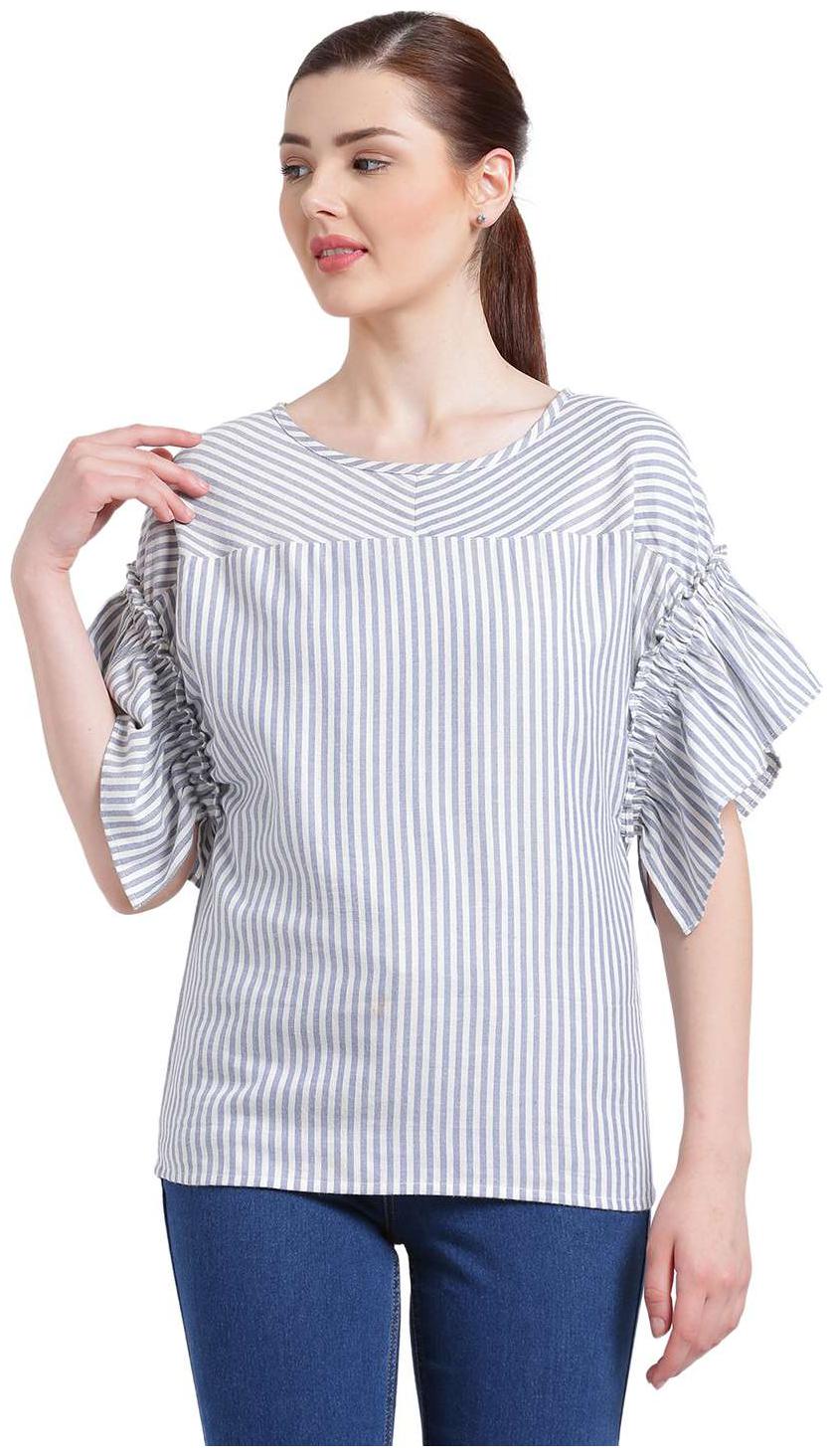 

Texco Women Blue And white Round Neck Stripe Top