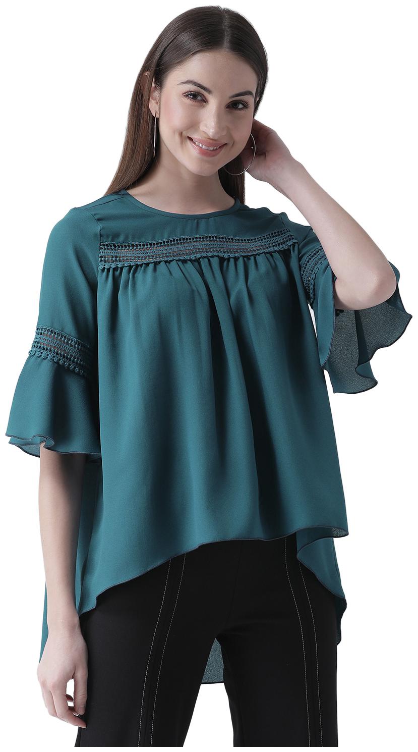 

Texco Women Teal Blue Blue Flared Front Knot Belt High Low Top