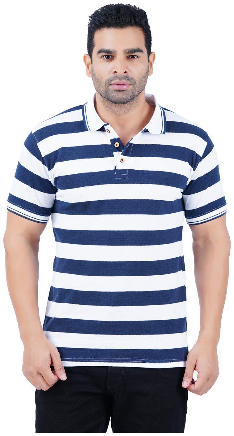 

TEXMAN Men White Blue Regular fit Cotton Polo collar T-Shirt - Pack Of 1