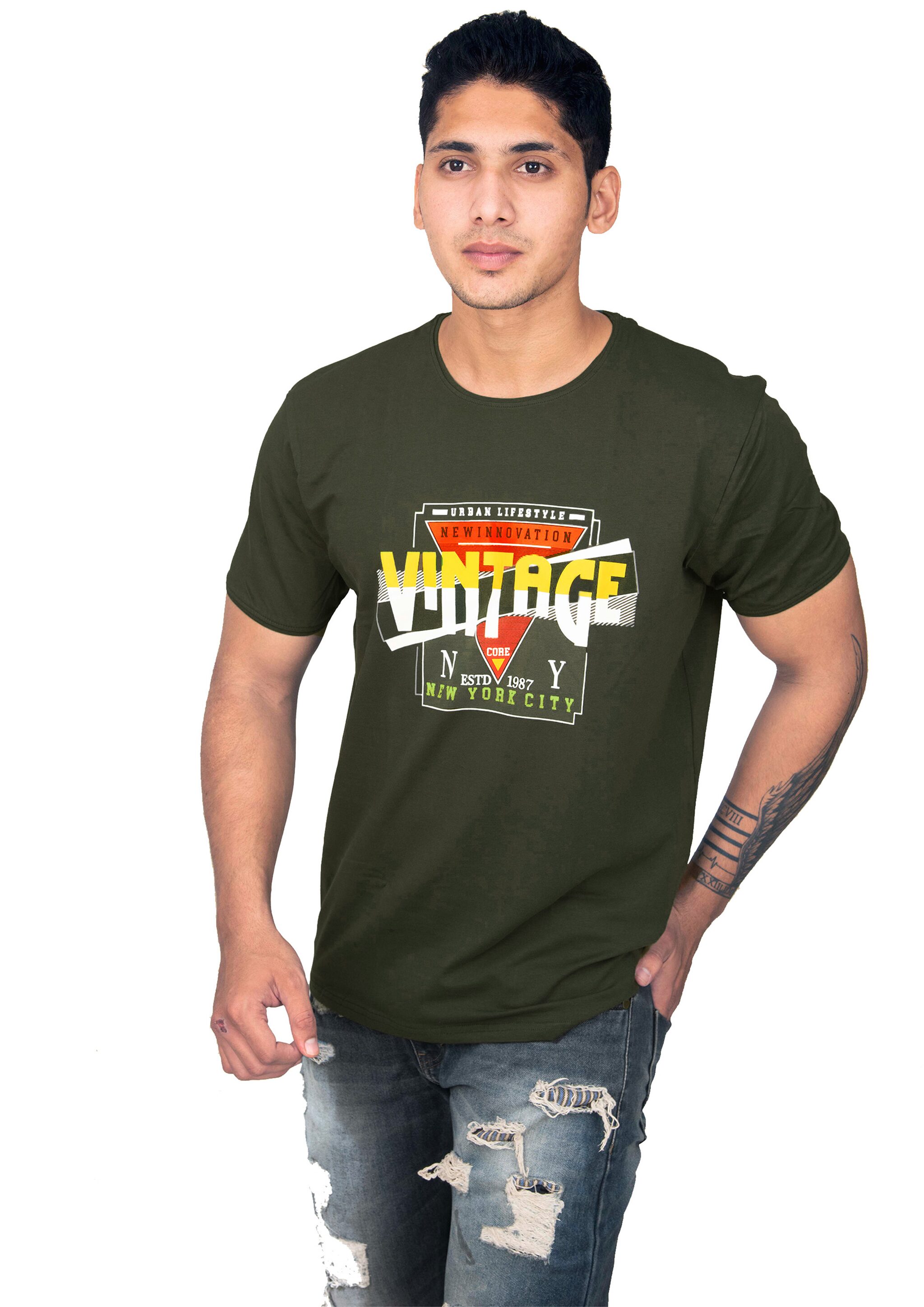 

THALASI Men Olive Regular fit Cotton Lycra Round neck T-Shirt - Pack Of 1