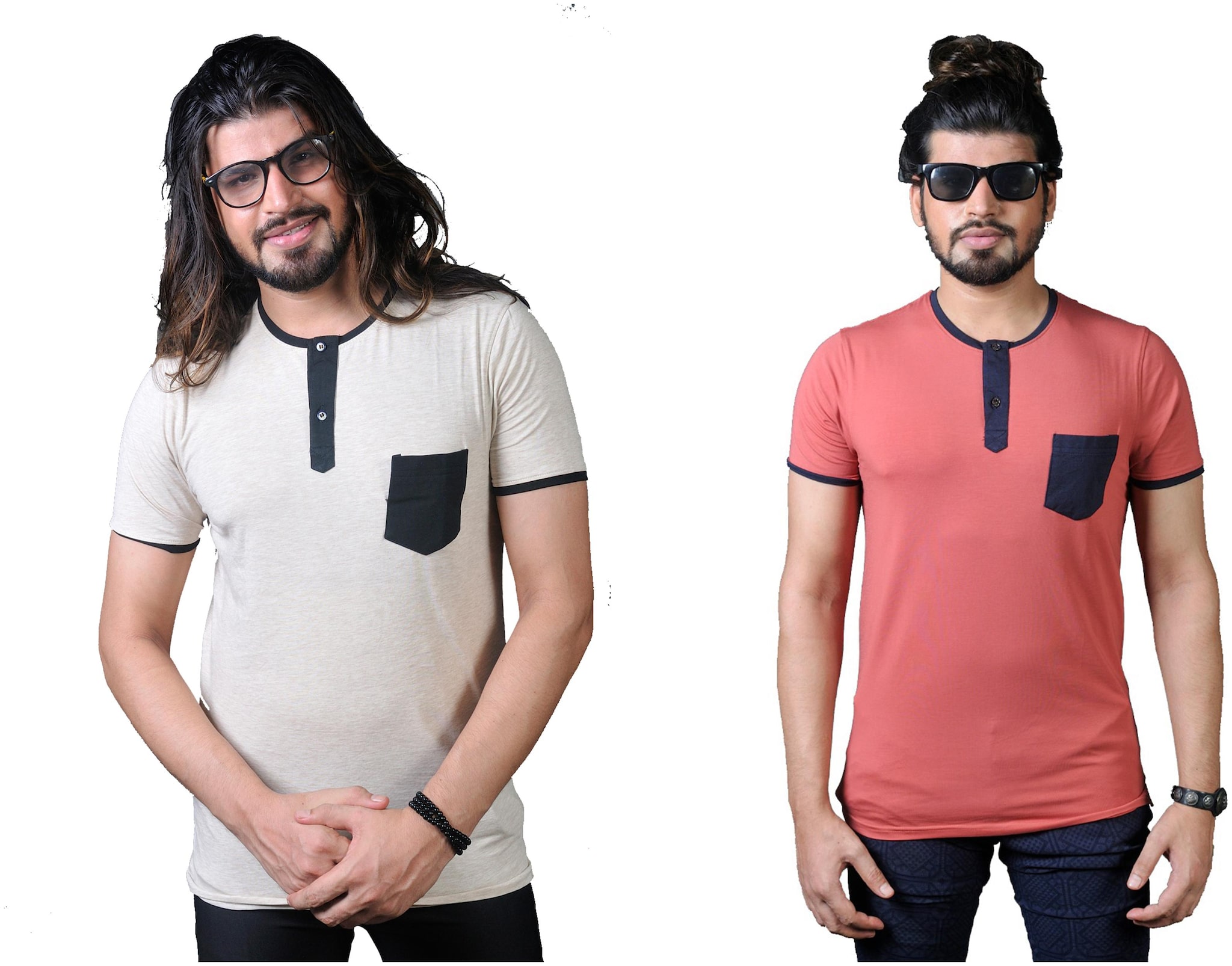 

THALASI Men Peach Cream Regular fit Cotton Lycra Henley neck T-Shirt - Pack Of 2