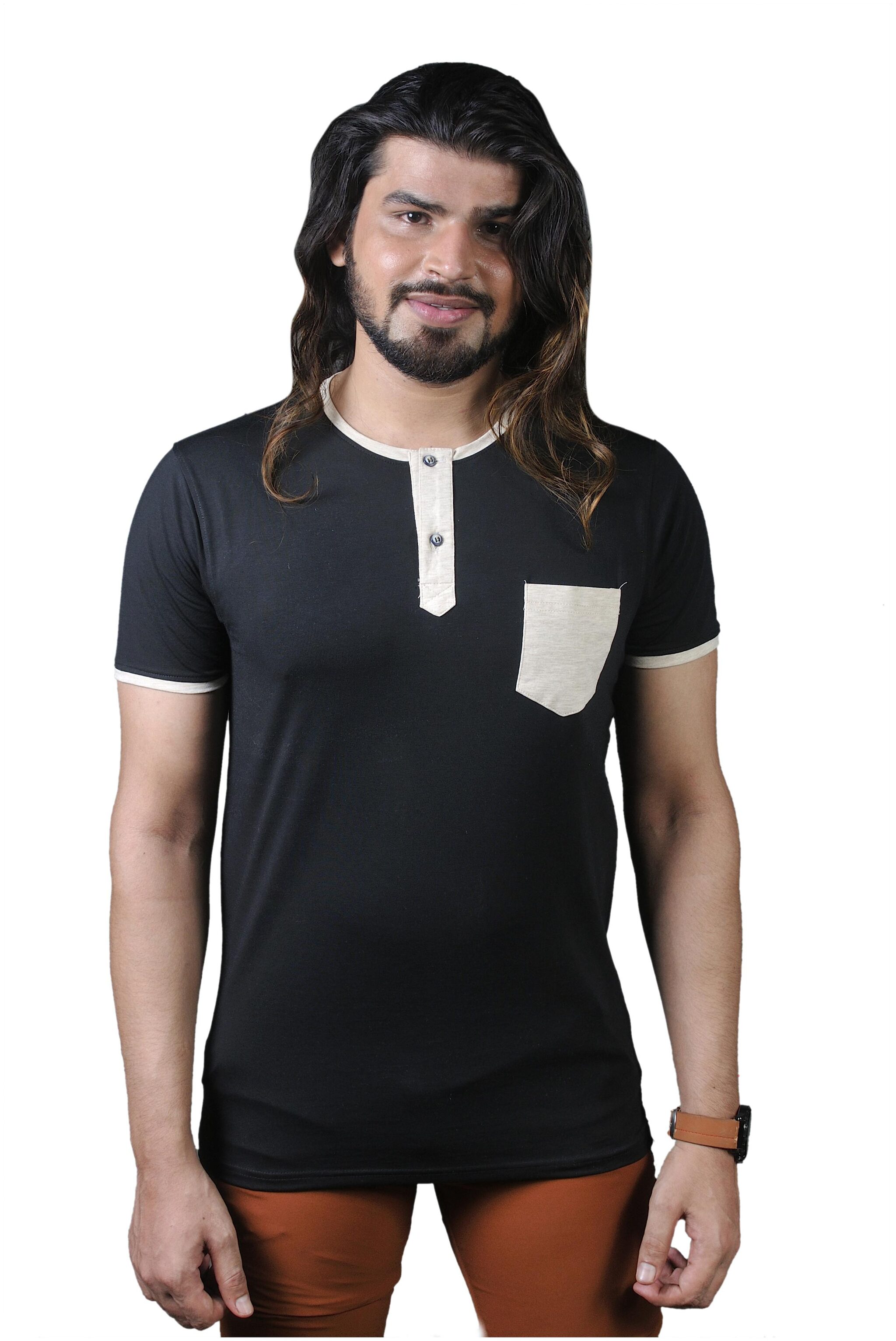 

THALASI Men Black Regular fit Cotton Lycra Henley neck T-Shirt - Pack Of 1
