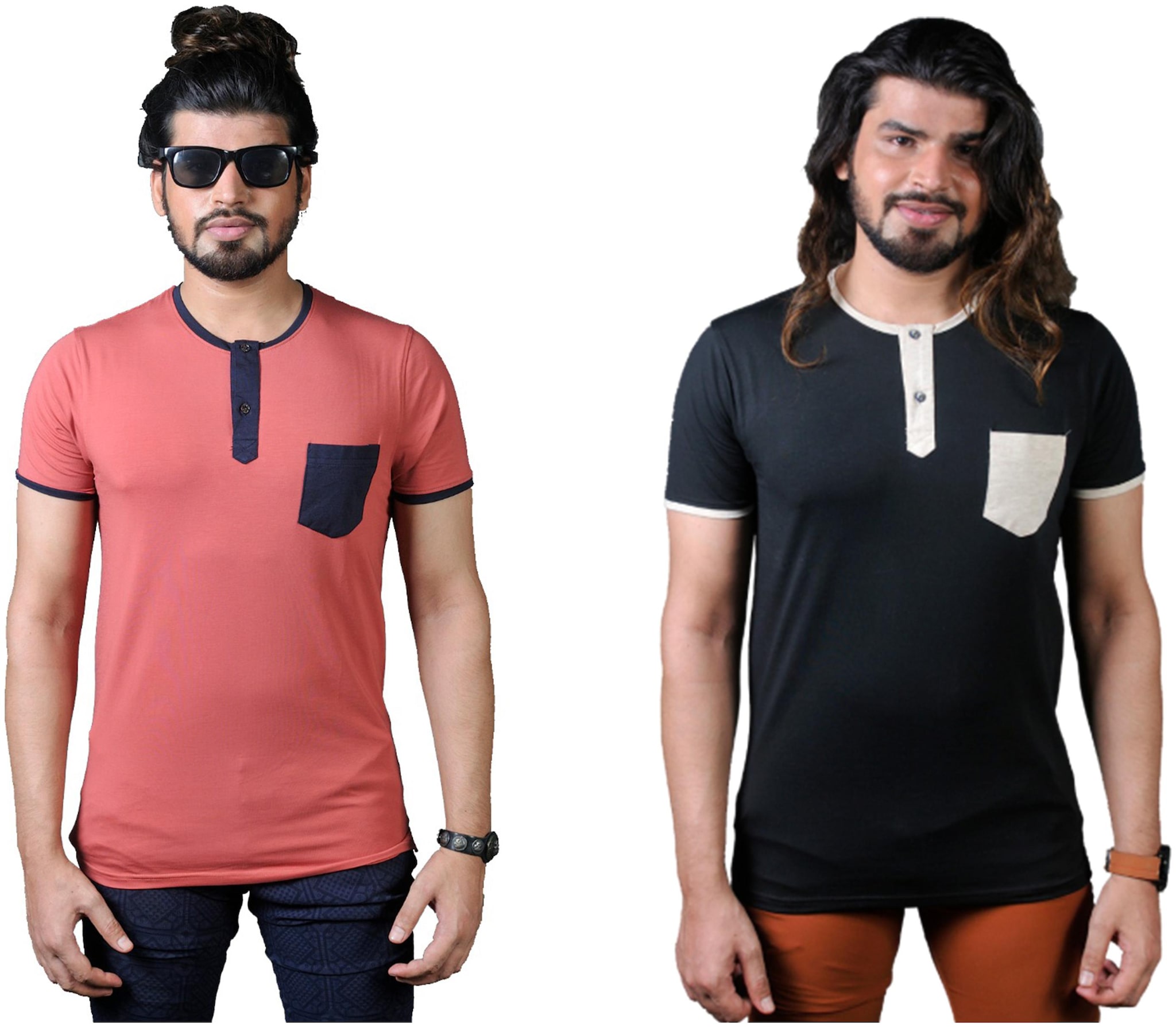 

THALASI Men Orange Black Regular fit Cotton Lycra Henley neck T-Shirt - Pack Of 2