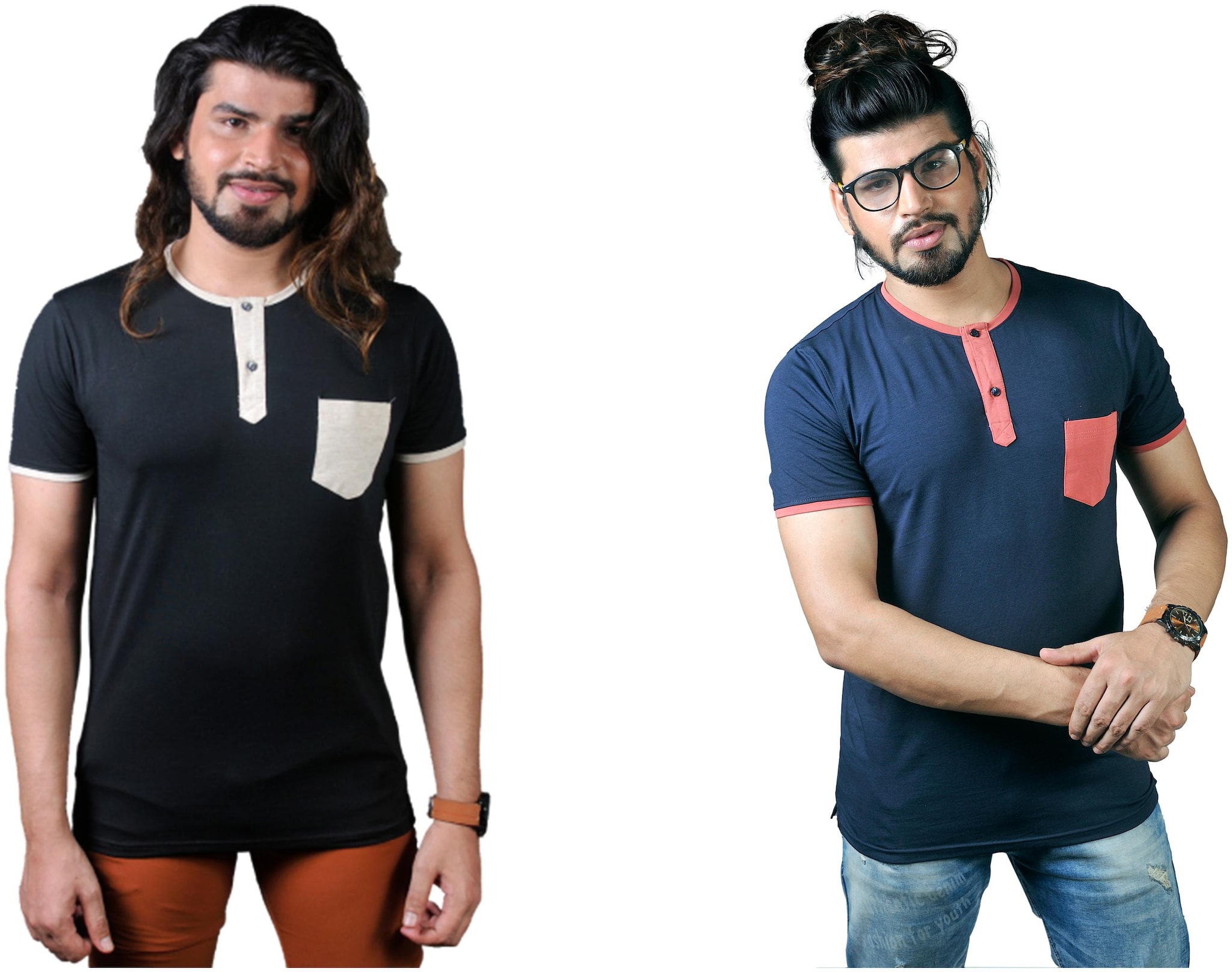 

THALASI Men Black Blue Regular fit Cotton Lycra Henley neck T-Shirt - Pack Of 2