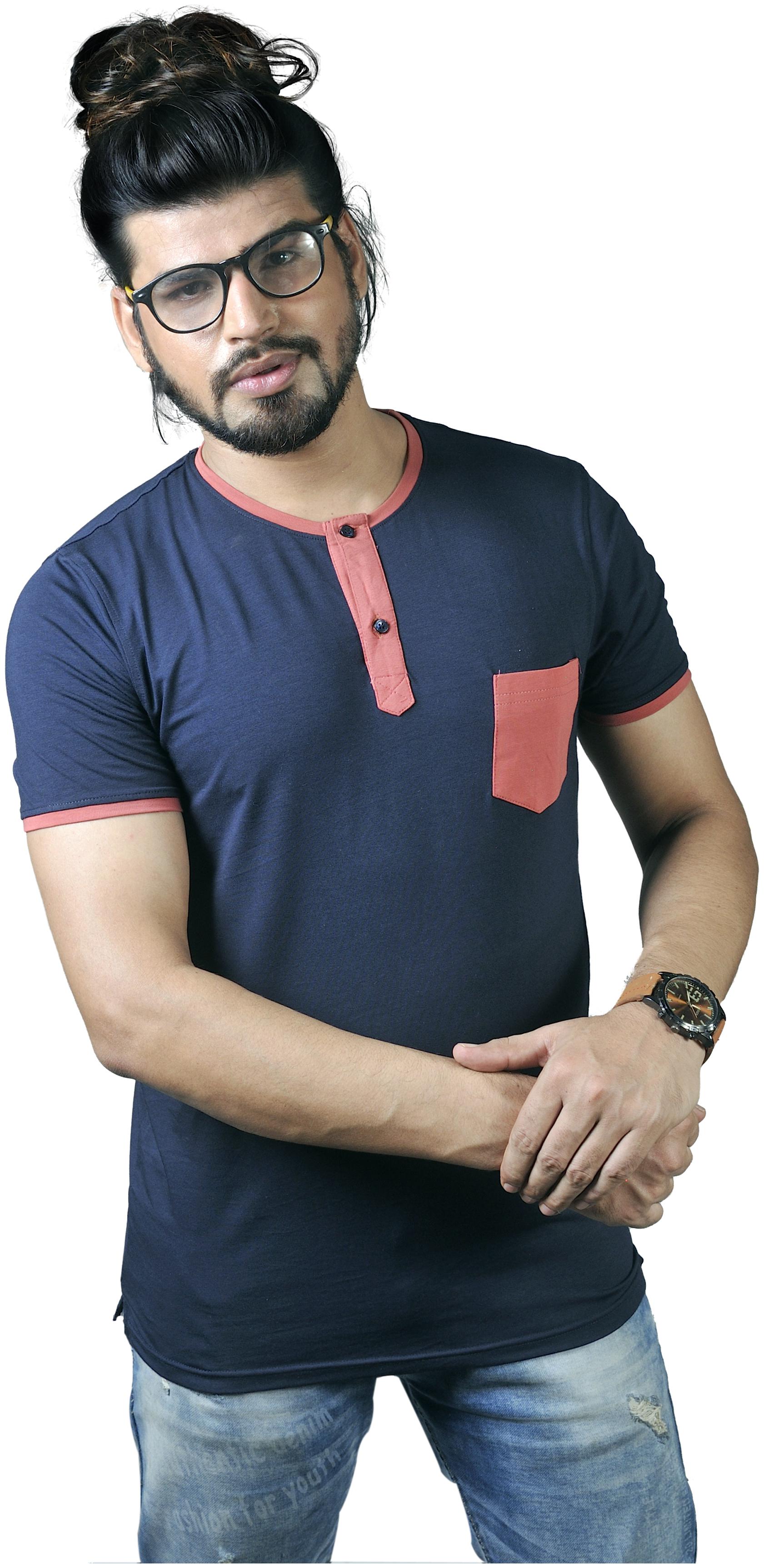 

THALASI Men Navy blue Regular fit Cotton Lycra Henley neck T-Shirt - Pack Of 1