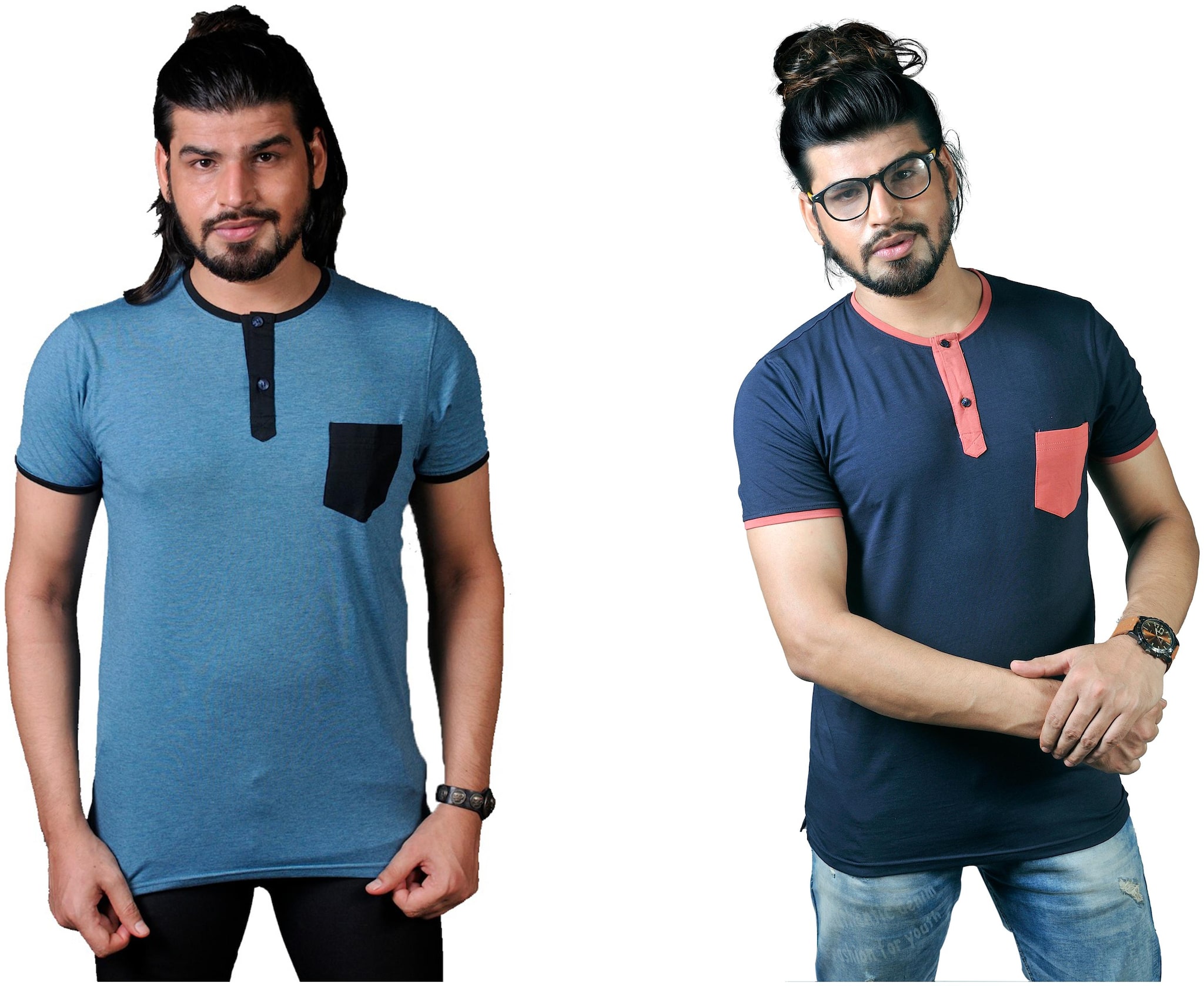

THALASI Men Blue Regular fit Cotton Lycra Henley neck T-Shirt - Pack Of 2