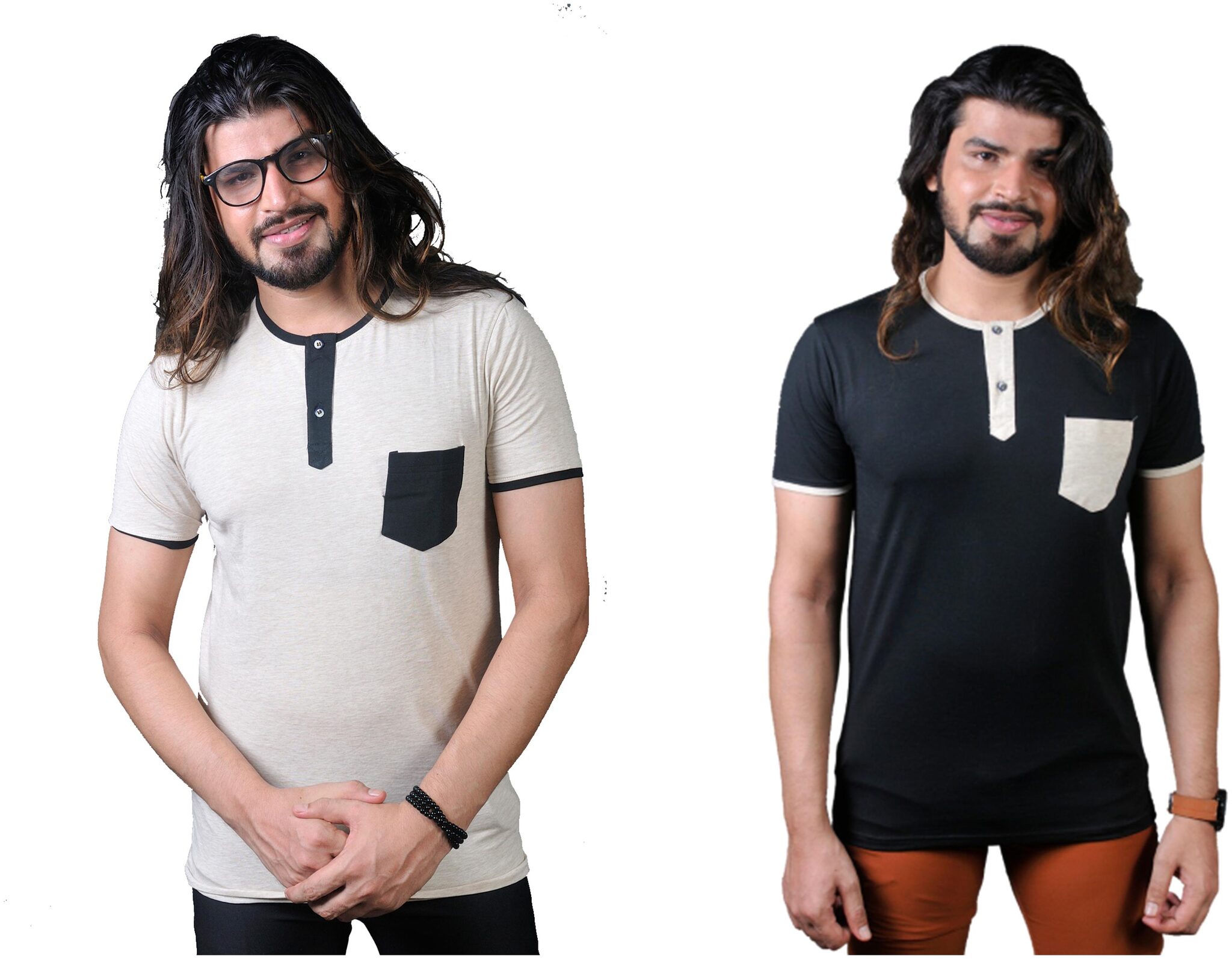 

THALASI Men Black Cream Regular fit Cotton Lycra Henley neck T-Shirt - Pack Of 2