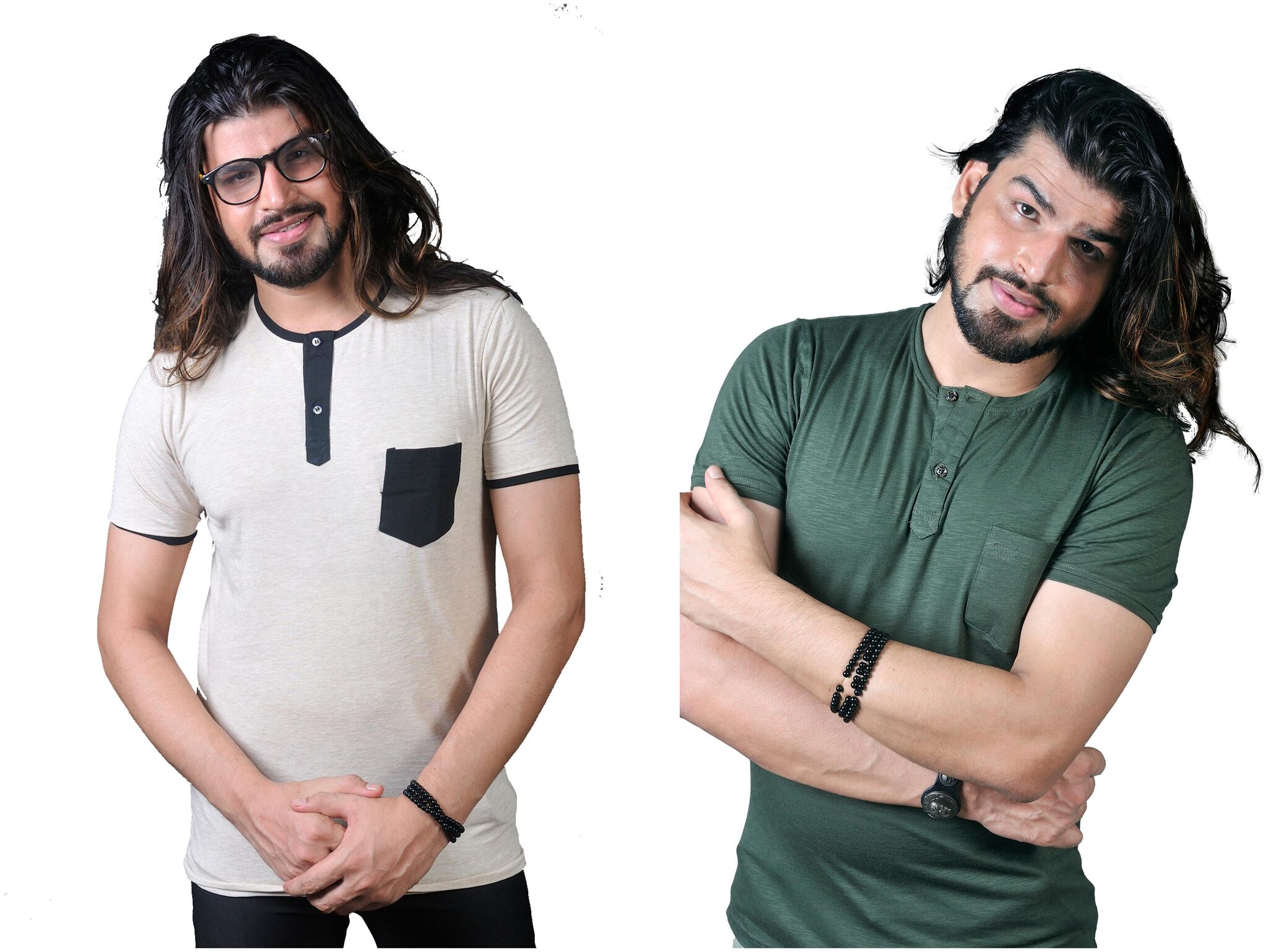 

THALASI Men Green Cream Regular fit Cotton Lycra Henley neck T-Shirt - Pack Of 2