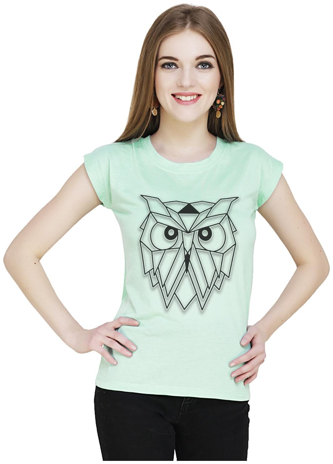 

baluchi Women Sea green Regular fit Round neck Blended T shirt