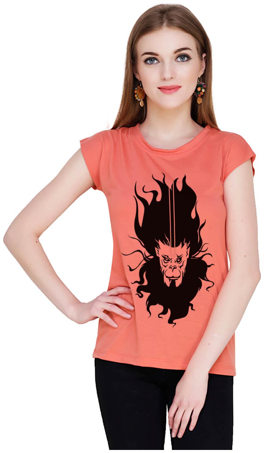 

baluchi Women Orange Regular fit Round neck Cotton Polyester T shirt